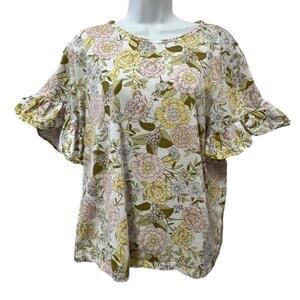 WHO WHAT WEAR Women’s Floral Print Ruffled Back Neck Tie Sleeve Blouse, Size XXL